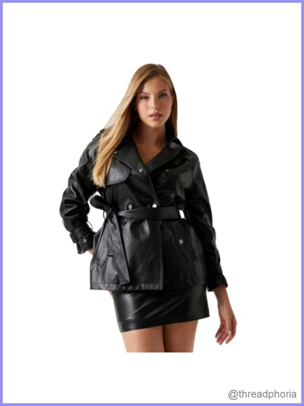 Faux Leather Short Trench Coat Button Closure Self Tie Waist